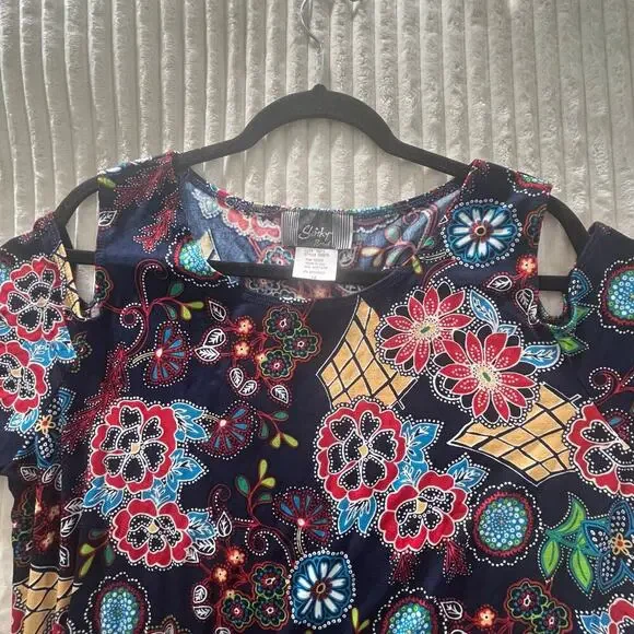 Slinky Brand Women Floral Asymmetric Blouse off the shoulders Crew neck Sz 1X - Picture 9 of 11